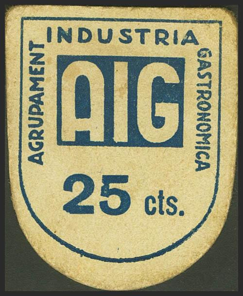 BARCELONA. 25 Céntimos. (1937ca). Agrupamiento Industria Gastronómica. (Gónzalez...