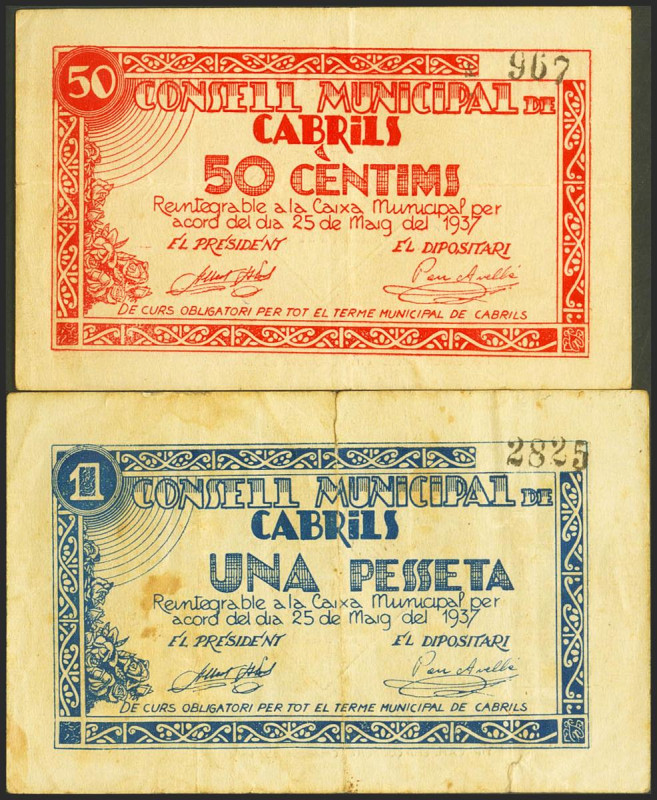 CABRILS (BARCELONA). 50 Céntimos y 1 Peseta. Mayo 1937. (González: 7243/44). MBC...