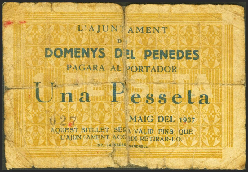 DOMENYS DEL PENEDES (TARRAGONA). 1 Peseta. (1937ca). (González: 7714). Muy raro,...
