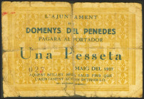 DOMENYS DEL PENEDES (TARRAGONA). 1 Peseta. (1937ca). (González: 7714). Muy raro, con presencia de varios fijasellos. BC.