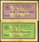 DOMENYS DEL PENEDES (TARRAGONA). 25 Céntimos y 1 Peseta. Septiembre 1937. (González: 7715/16). Serie completa. MBC.