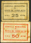 HORTA DE TERRA ALTA (TARRAGONA). 25 Céntimos y 50 Céntimos. (1937ca). (González: 8200, 8201). Raros. MBC.
