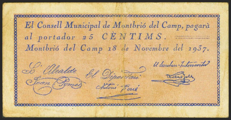 MONTBRIO DEL CAMP (TARRAGONA). 25 Céntimos. 18 de Noviembre de 1937. (González: ...