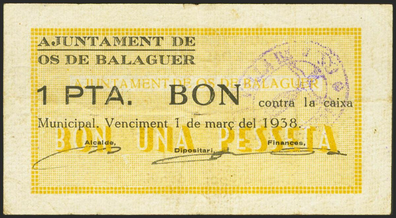 OS DE BALAGUER (LERIDA). 1 Peseta. 25 de Marzo de 1937. (González: 9051). Raro. ...