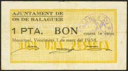 OS DE BALAGUER (LERIDA). 1 Peseta. 25 de Marzo de 1937. (González: 9051). Raro. MBC-.