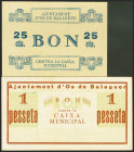 OS DE BALAGUER (LERIDA). 25 Céntimos y 1 Peseta. 10 de Octubre de 1937. (González: 9052, 9054). Raros. SC/EBC.