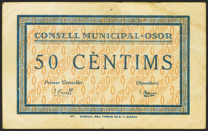 OSOR (GERONA). 50 Céntimos. (1937ca). (González: 9059). Raro. MBC.