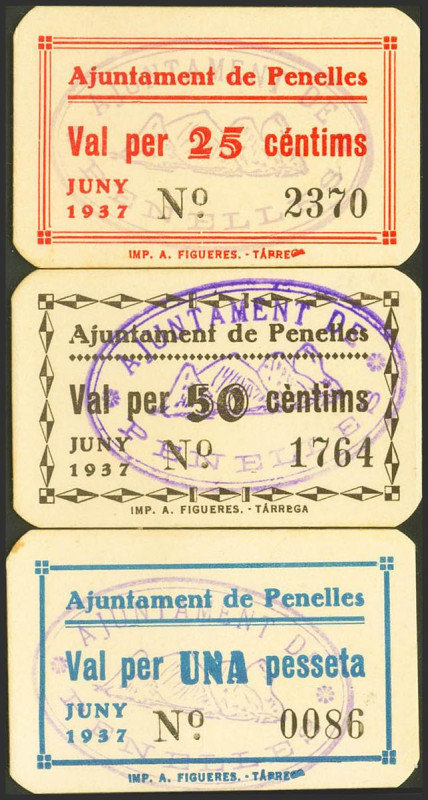 PENELLES (LERIDA). 25 Céntimos, 50 Céntimos y 1 Peseta. Junio 1937. (González: 9...