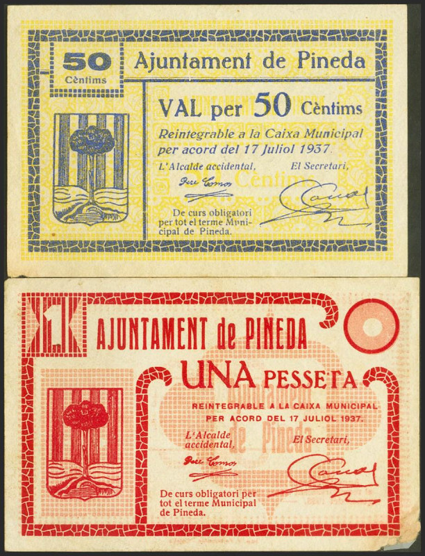 PINEDA (BARCELONA). 50 Céntimos y 1 Peseta. 17 de Julio de 1937. (González: 9216...