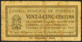 PORRERA (TARRAGONA). 25 Céntimos. 30 de Septiembre de 1937. (González: 9402). Raro. MBC.
