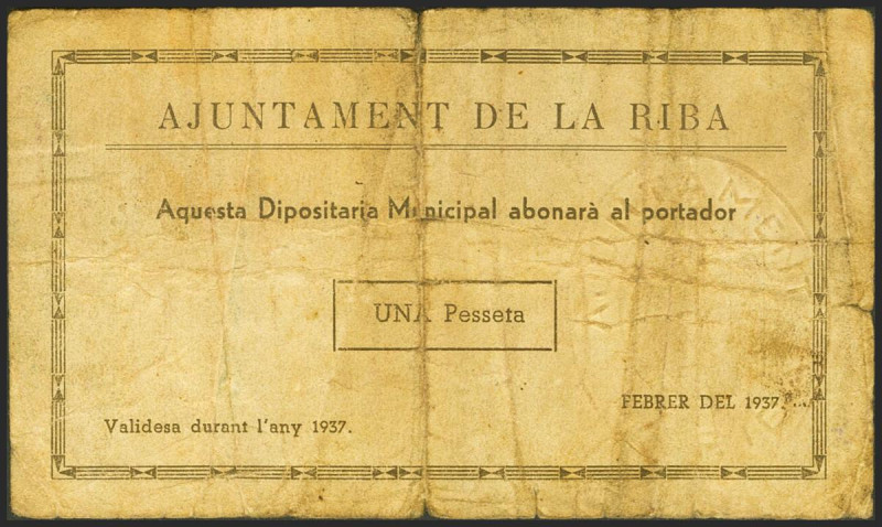 RIBA (TARRAGONA). 1 Peseta. Febrero 1937. Serie A. (González: 9599). Muy raro. B...