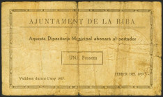 RIBA (TARRAGONA). 1 Peseta. Febrero 1937. Serie A. (González: 9599). Muy raro. BC+.