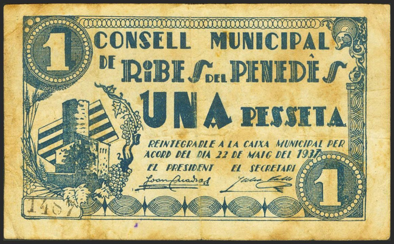 RIBES DEL PENEDES (BARCELONA). 1 Peseta. 22 de Mayo de 1937. (González: 9627). R...