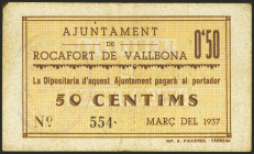 ROCAFORT DE VALLBONA (LERIDA). 50 Céntimos. Marzo 1937. (González: 9707). Muy raro. MBC-.