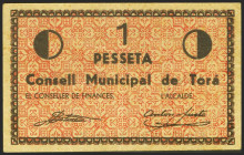 TORA DE RIUBREGOS (LERIDA). 1 Peseta. (1937ca). Serie A. (González: 10298). Inusual. EBC+.