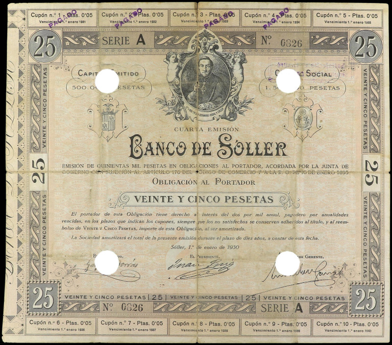 Spanish Banknotes
Obligación de 25 Pesetas. 1 Enero 1930. BANCO DE SOLLER (Mall...