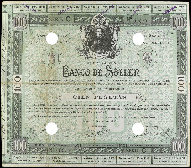 Spanish Banknotes
Obligación de 100 Pesetas. 1 Enero 1930. BANCO DE SOLLER (Mal...