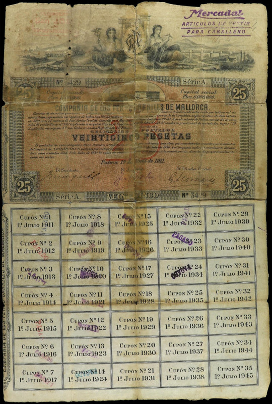 Spanish Banknotes
Obligación de 25 Pesetas. 1 Abril 1911. COMPAÑÍA DE LOS FERRO...