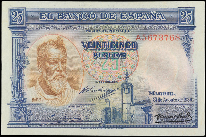 Spanish Banknotes
25 Pesetas. 31 Agosto 1936. Sorolla. Serie A. (Arruguitas). E...