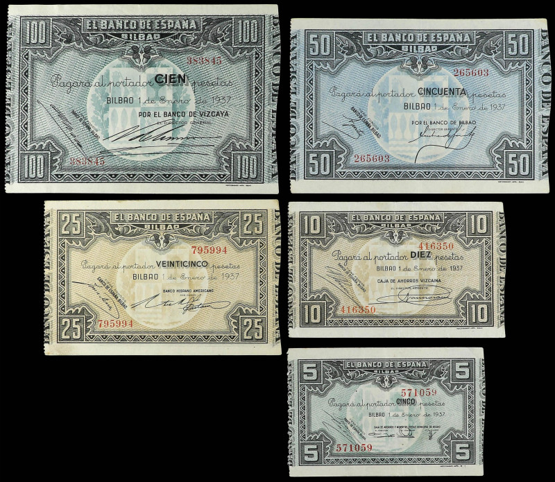 Spanish Civil War
Serie 5 billetes 5, 10, 25, 50 y 100 Pesetas. Enero 1937. EL ...