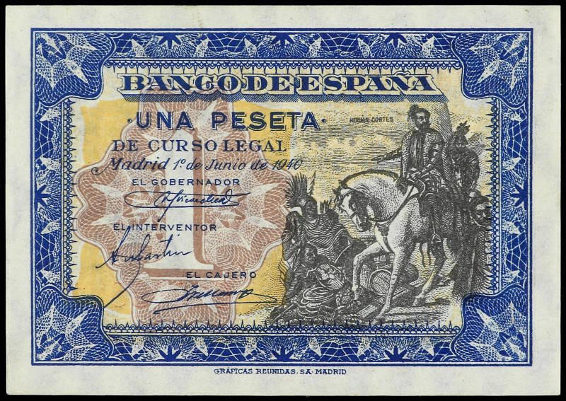 Estado Español
1 Peseta. 1 Junio 1940. Hernán Cortés. Serie E. (Leve doblez en ...