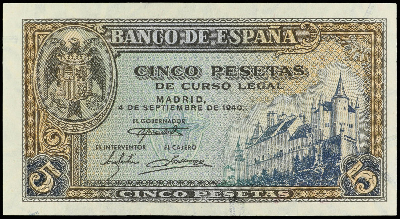 Estado Español
5 Pesetas. 4 Septiembre 1940. Alcázar de Segovia. Serie A. Ed-44...