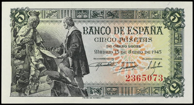 Estado Español
5 Pesetas. 15 Junio 1945. Capitulaciones de Santa Fe. Sin Serie....