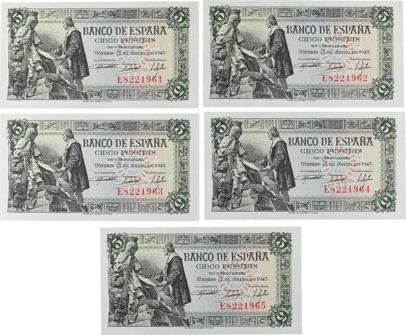 Estado Español
Lote 5 billetes 5 Pesetas. 15 de Junio 1945. Capitulaciones de S...