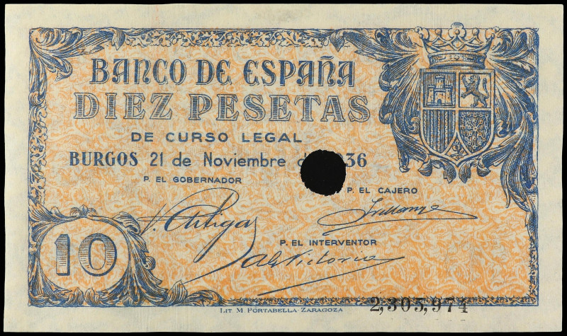 Estado Español
10 Pesetas. 21 Noviembre 1936. Con un taladro central. (Leves ar...