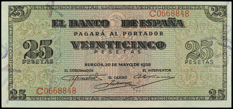 Estado Español
25 Pesetas. 20 Mayo 1938. Giralda de Sevilla. Serie C. Ed-430a. ...