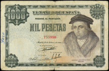 Estado Español
1.000 Pesetas. 19 Febrero 1946. Luis Vives. (Roturas, Paco manuscrito a tinta en margen izquierdo). Ed-453. MBC-.