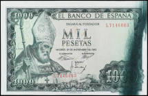 Estado Español
1.000 Pesetas. 19 Noviembre 1965. San Isidoro. Serie L. ERROR: Mancha de tinta de impresión corrida en parte derecha. Ed-471b. EBC.