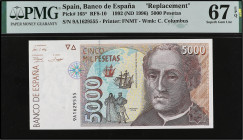 Juan Carlos I
5.000 Pesetas. 12 Octubre 1992. Colón. Serie sustitutiva 9A. Precintado y garantizado por PMG como 67 SUPERB GEM UNC EPQ (nº 1912104-05...