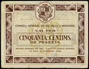 General Council of Andorra
50 Céntims. 19 Desembre 1936. CONSELL GENERAL DE LES VALLS D´ ANDORRA. Emisión marrón. MUY ESCASO. Ed-1. MBC.