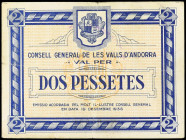 General Council of Andorra
2 Pessetes. 19 Desembre 1936. CONSELL GENERAL DE LES VALLS D´ANDORRA. Emisión azul.. RARO. Ed-AND4. MBC.