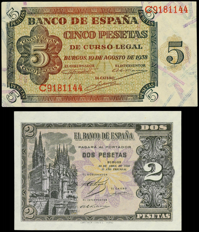 Spanish Banknotes Lots
Lote 2 billetes 2 y 5 Pesetas. 1938. 2 Pesetas Abril 193...