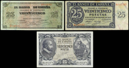 Spanish Banknotes Lots
Lote 3 billetes 25 Pesetas. 1936, 38, 40. A EXAMINAR. Ed-419a, 430a, 436a. MBC- a MBC+.