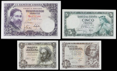 Spanish Banknotes Lots
Lote 4 billetes 1 (2), 5 y 25 Pesetas. 1948, 1951 y 1954. Dama de Elche Serie B, Don Quijote Sin Serie, Alfonso X Sin Serie y ...