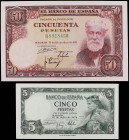 Spanish Banknotes Lots
Lote 2 billetes 5 y 50 Pesetas. 1951 y 1954. 50 Pesetas 31 Diciembre 1951 Rusiñol Serie B y 5 Pesetas 22 Julio 1954 Alfonso X ...