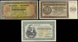 Spanish Banknotes Lots
Lote 3 billetes 50 Pesetas. 1936, 1938 y 1940. 50 Pesetas 21 Noviembre 1936 Serie P, 50 Pesetas 20 Mayo 1938 Castillo de Olite...