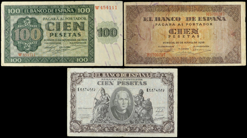 Spanish Banknotes Lots
Lote 3 billetes 100 Pesetas. 1936, 38, 40. A EXAMINAR. E...