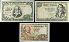 Spanish Banknotes Lots
Lote 3 billetes 100 y 1.000 Pesetas (2). 1948, 1949 y 1951. 100 Pesetas 2 Mayo 1948 Bayeu Serie D, 1.000 Pesetas 4 Noviembre 1...