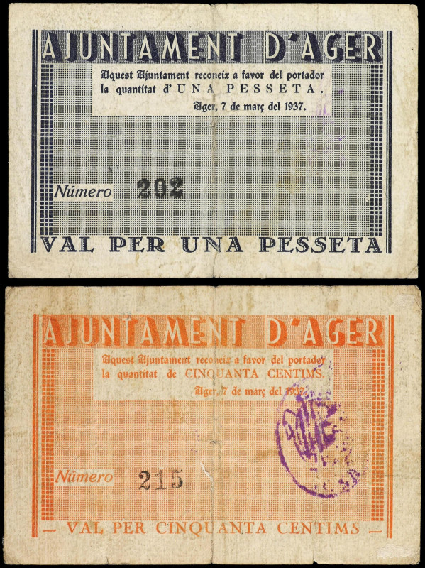 World Banknotes
Lote 2 billetes 50 Cèntims y 1 Pesseta. 7 Març 1937. Aj. d´ AGE...