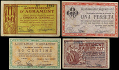 World Banknotes
Lote 4 billetes 20 y 50 Cèntims (2) y 1 Pesseta. Març y Abril 1937. Aj. d´ AGRAMUNT. AT-5, 6, 7, 8. MBC- a EBC-.