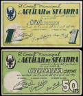 World Banknotes
Lote 2 billetes 50 Cèntims y 1 Pesseta. 27 Abril 1937. C.M. d´ AGUILAR DE SEGARRA. 1 Pesseta con sello tampon violeta, 50 Cèntims sin...