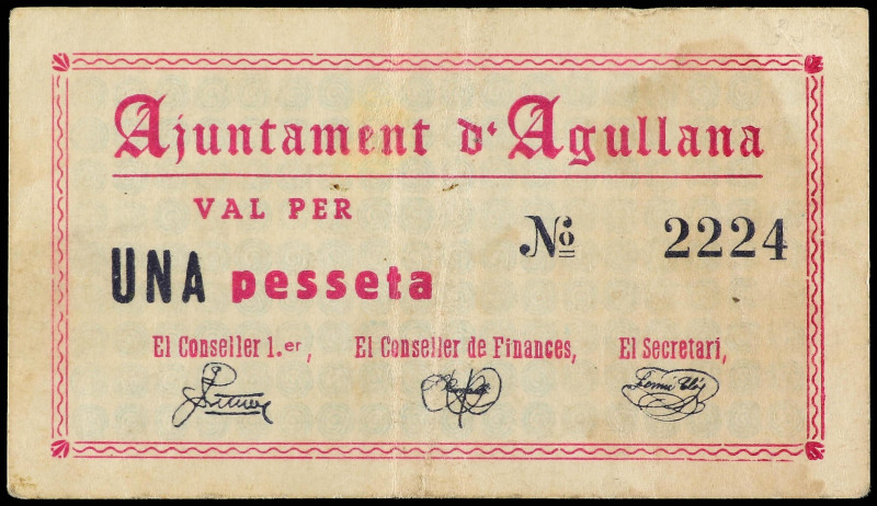 World Banknotes
1 Pesseta. Aj. d´ AGULLANA. (Manchitas). MUY ESCASO. AT-17. MBC...