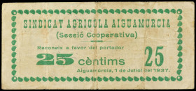 World Banknotes
25 Cèntims. 1 Juliol 1937. SINDICAT AGRICOLA AIGUAMURCIA. RARO. T-33; RGH-6040. MBC.