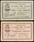 World Banknotes
Lote 2 billetes 25 y 50 Cèntims. 1937. Aj. d´ ALBA DEL VALLÈS. (Pequeñas manchitas). MUY ESCASOS. AT-51, 52. MBC y MBC+.