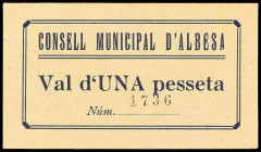 World Banknotes
1 Pesseta. C.M. d´ALBESA. Cartón. Tampón al dorso Consell Local Albesa no reseñado en este color. AT-65a. SC.