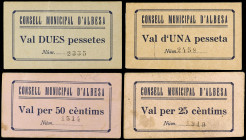 World Banknotes
Lote 4 billetes 25, 50 Cèntims, 1 y 2 Pessetes. C.M. d´ ALBESA. 1 y 2 Pessetes sin tampón en reverso. A EXAMINAR. AT-64/67. EBC- a SC...